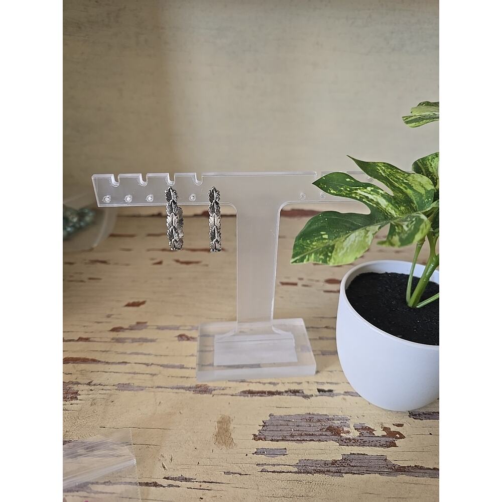 Vintage Silver Leaf Hoop Earrings Boho Textured Oak Branch Botanical Nature Gift